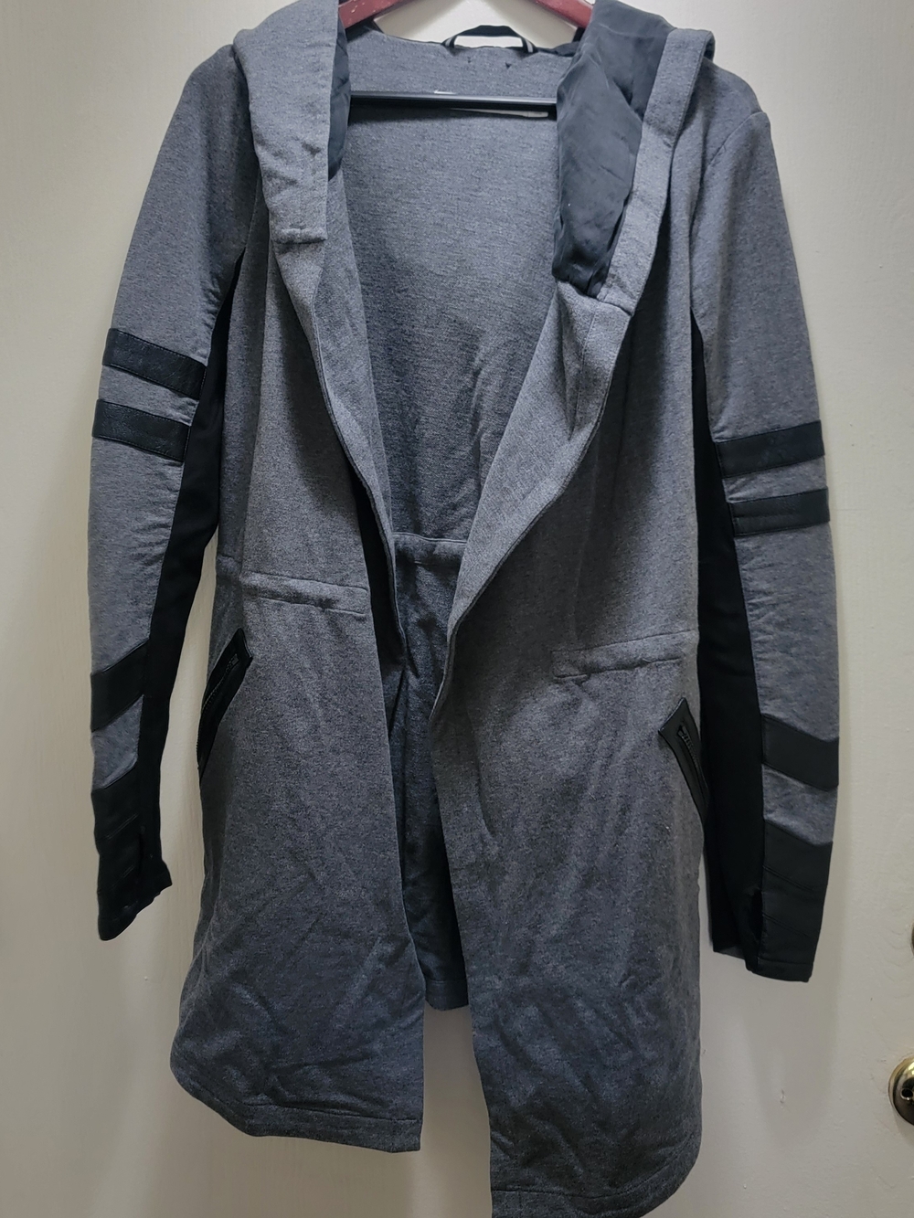 blanc noir Gray Hooded Longline Jacket with Black Sleeve Panels